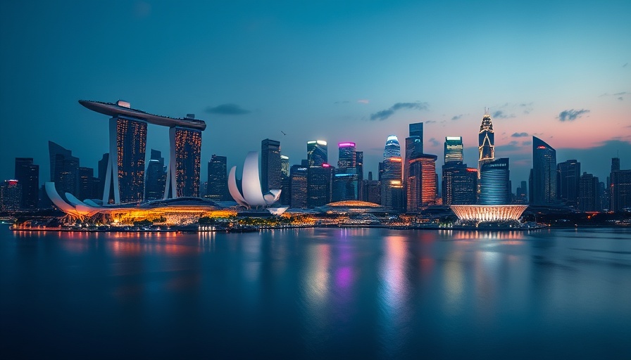 Singapore skyline at dusk with Marina Bay Sands and illuminated cityscape reflecting over Marina Bay waters.