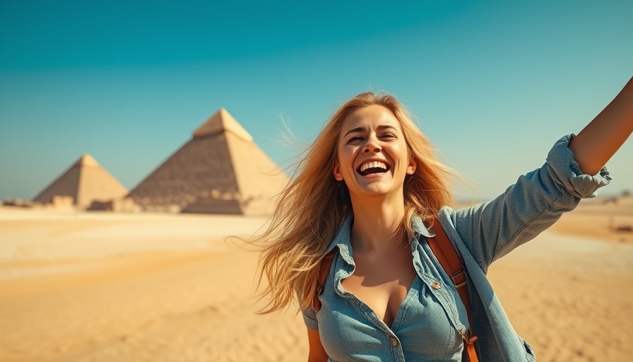 How to tour the world with no regrets: Woman at pyramids celebrating adventure.