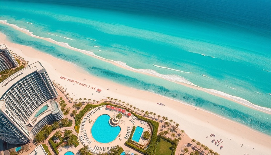 Expansive Gulf Shores beach with hotels and turquoise ocean.