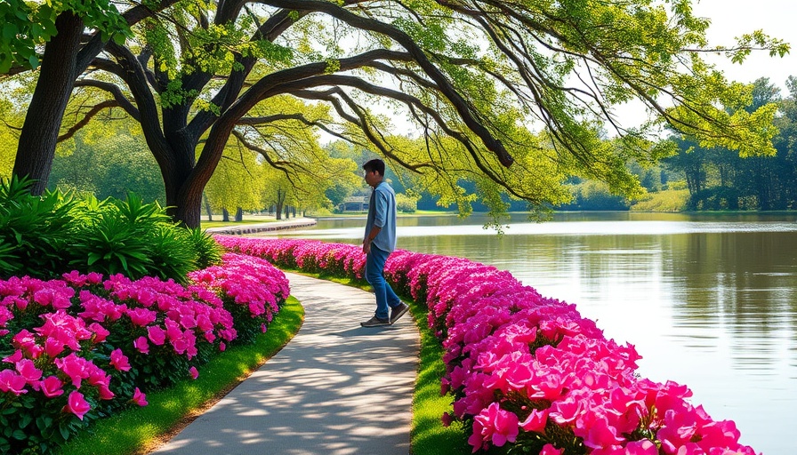 Mobile Alabama Spring Getaway: peaceful walk by pond with blooming flowers.
