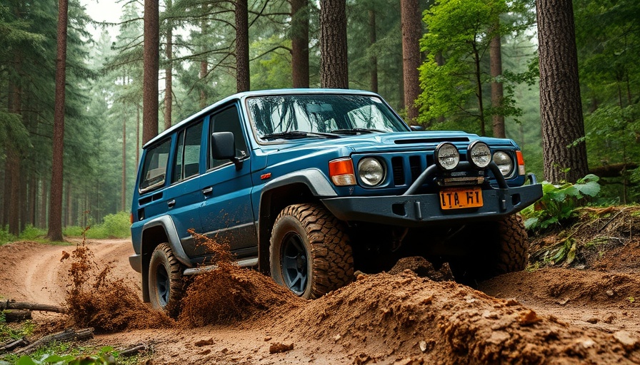 Rugged vehicle on muddy trail in a forest for RoutePerfect travel planning.