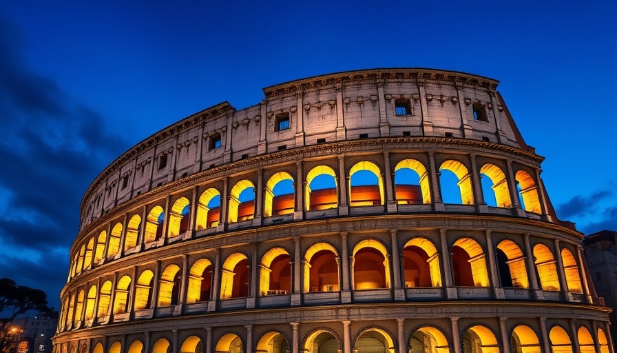 Roman Colosseum illuminated at dusk, best places for group travel in Italy.