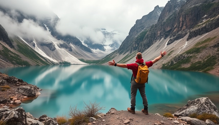 Hiker embraces wilderness beside turquoise lake in South America's serene landscape.