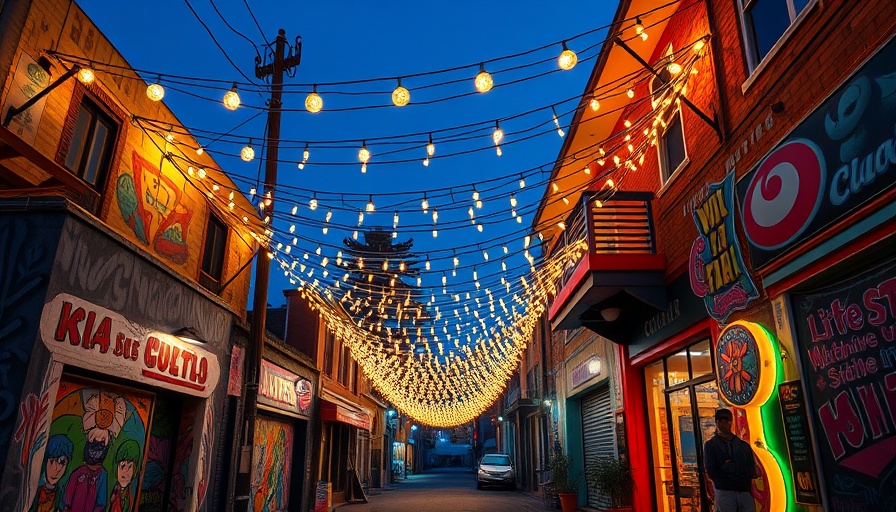 Decorated street in Doha with murals and lights at dusk.