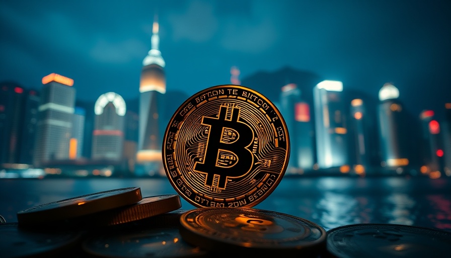 Illuminated bitcoin coins with Hong Kong skyline; crypto derivatives trading.