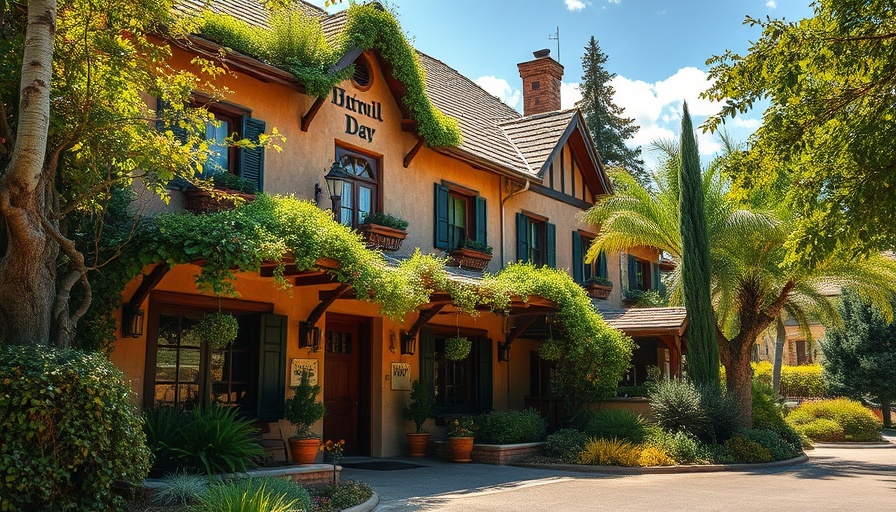 Charming rustic hotel facade with lush greenery in a serene environment.