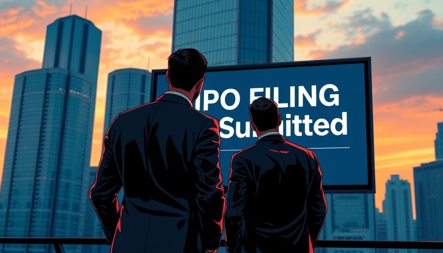 Illustration of IPO filing submitted at Wall St with businessmen.