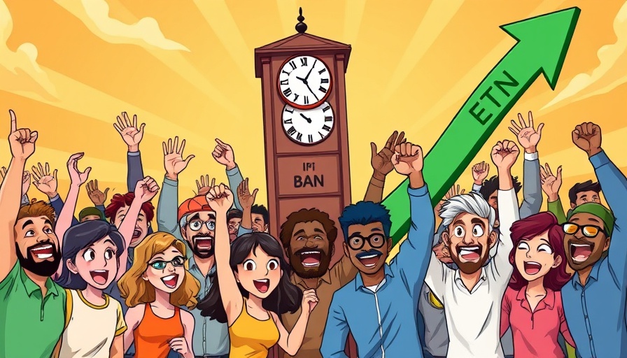 Lifting ban on crypto ETNs depicted with cheering group and clock tower.