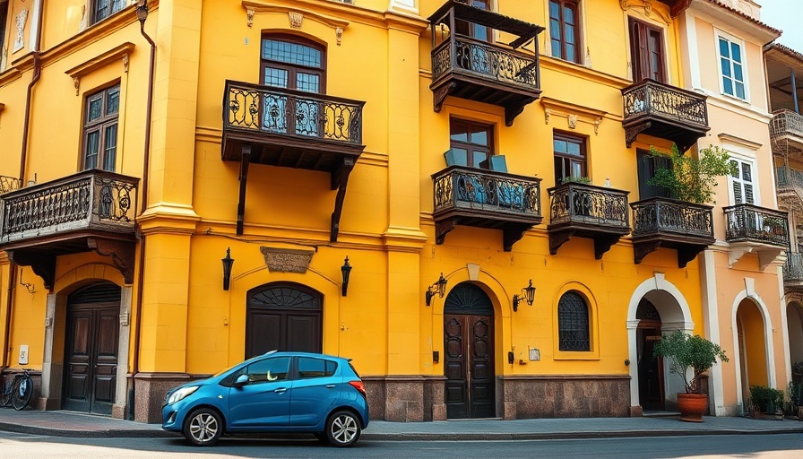 Historic building with blue car and wooden balconies, urban scene