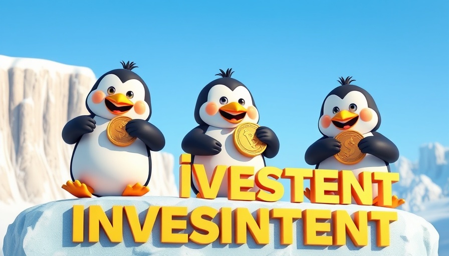 Cartoon penguins with coins on icy cliffs; Arctic Pablo Coin investment promotion.