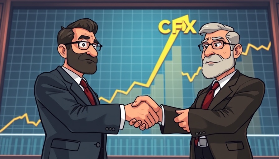 Cartoon leaders, CFX Crypto rise, shaking hands in front of stock chart.