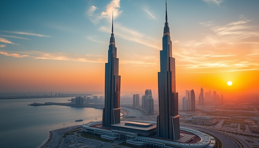 Stunning sunset view of Kuwait Towers highlighting picturesque cityscape.
