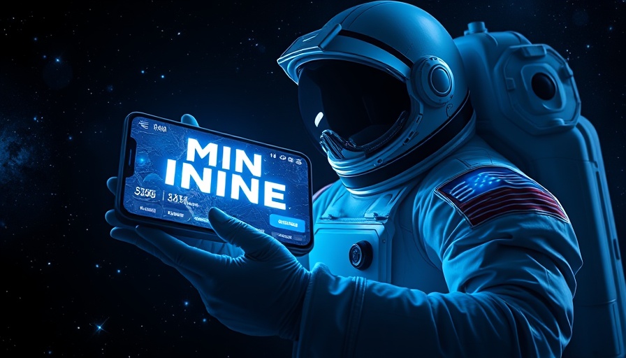 Futuristic BlockDAG mining ad with astronaut holding phone.