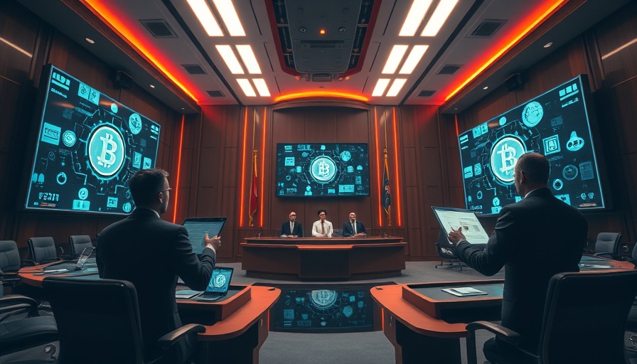 Futuristic courtroom with digital crypto displays amid fraud charges.