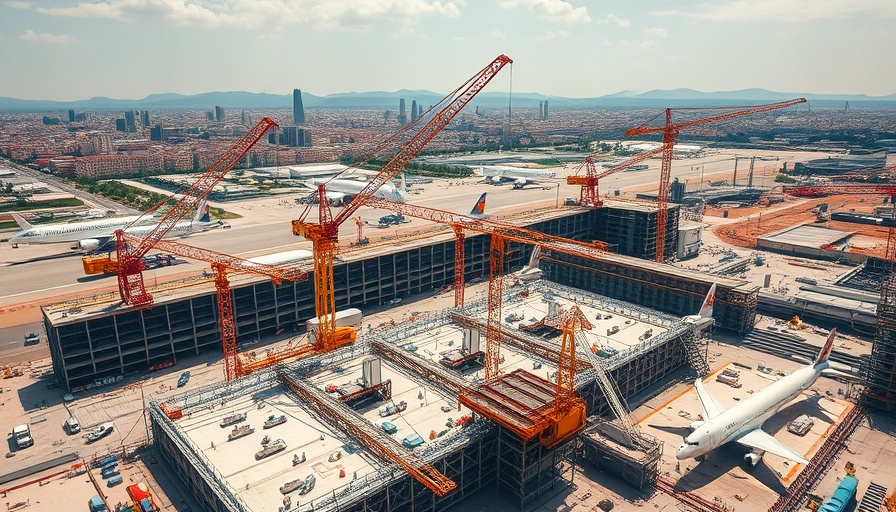 Aerial view of Barcelona airport expansion construction site with cranes and workers.