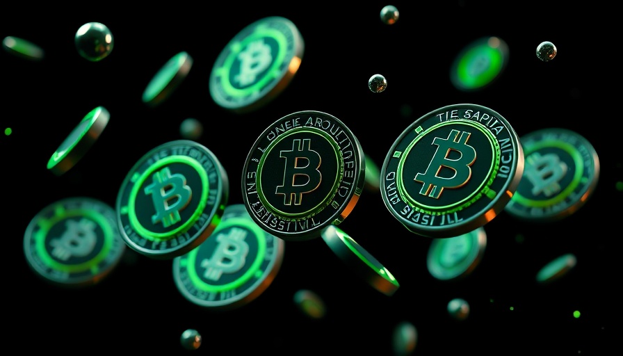 Futuristic digital coins with AI tech in dark background.