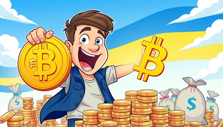 Cartoon of a man with Bitcoin and coins, Ukraine digital assets.