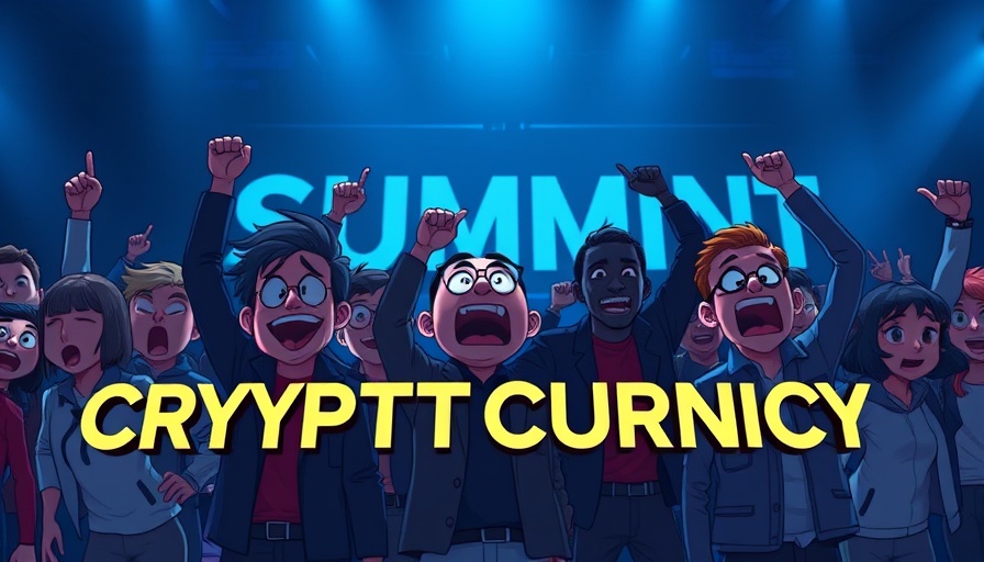 Futuristic cryptocurrency summit announcement for 2025 with meme characters.