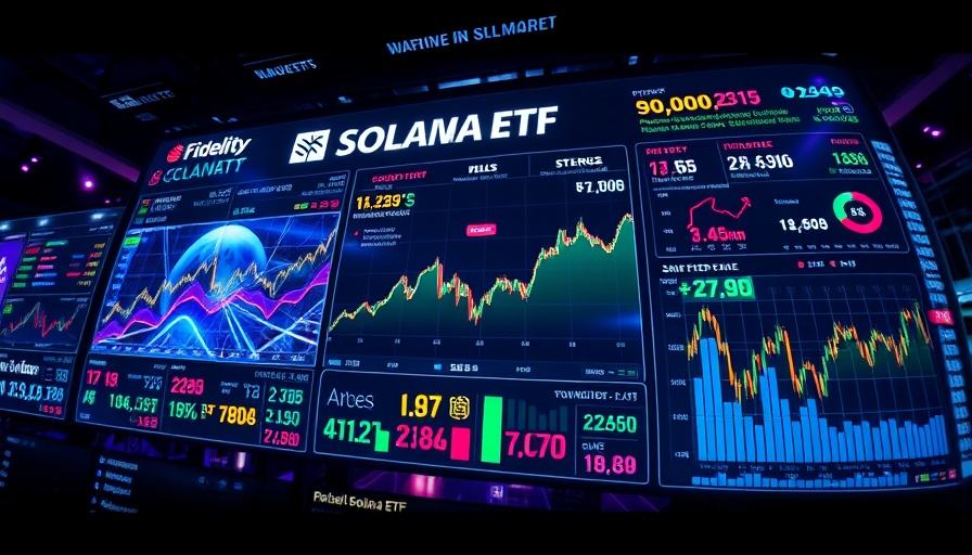 Futuristic digital display of Fidelity Solana ETF data with vibrant graphs.