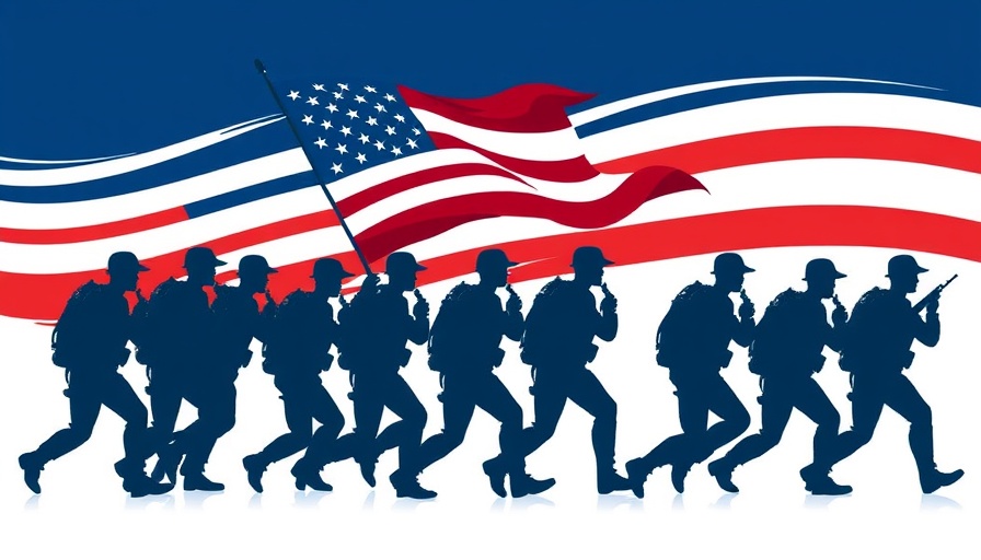 Silhouetted soldiers against patriotic red, white, and blue background.
