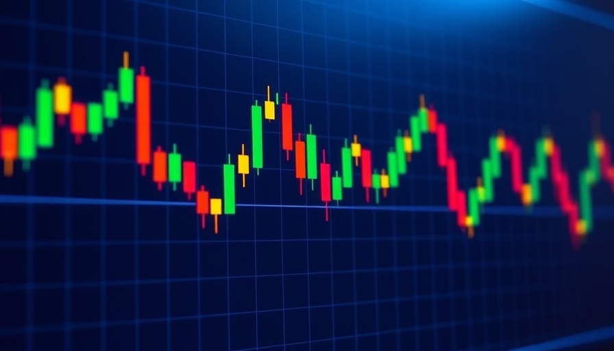 Dynamic forex market chart illustrating volatility, colorful candlestick patterns, blue background.
