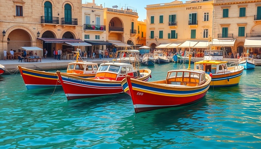 Colorful Maltese boats in a serene harbor with historic buildings, Malta residency scene.