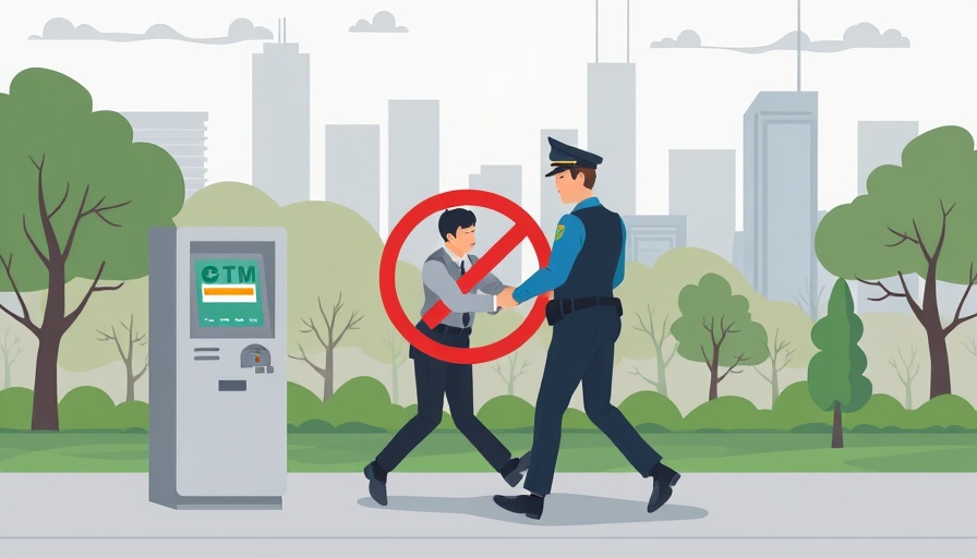 Cartoon of Spokane crypto ATM ban with arrest scene.
