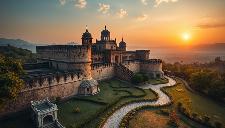 Madhya Pradesh fort surrounded by lush gardens at sunset.