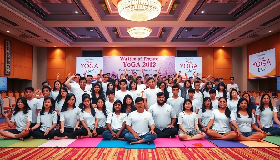 World Yoga Day celebration group photo in a large hall
