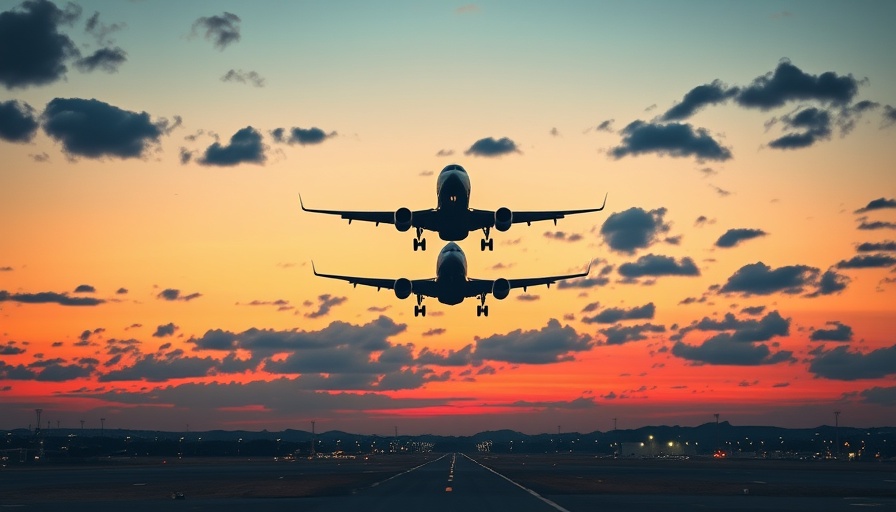 Airplane approaching runway at dusk with vivid sky.