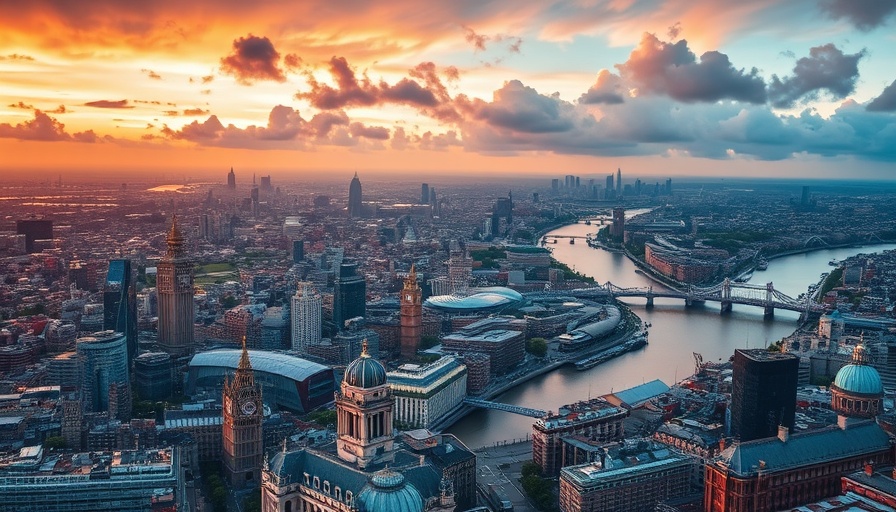 Aerial view of London's must-see attractions, Thames River and skyline at sunset.