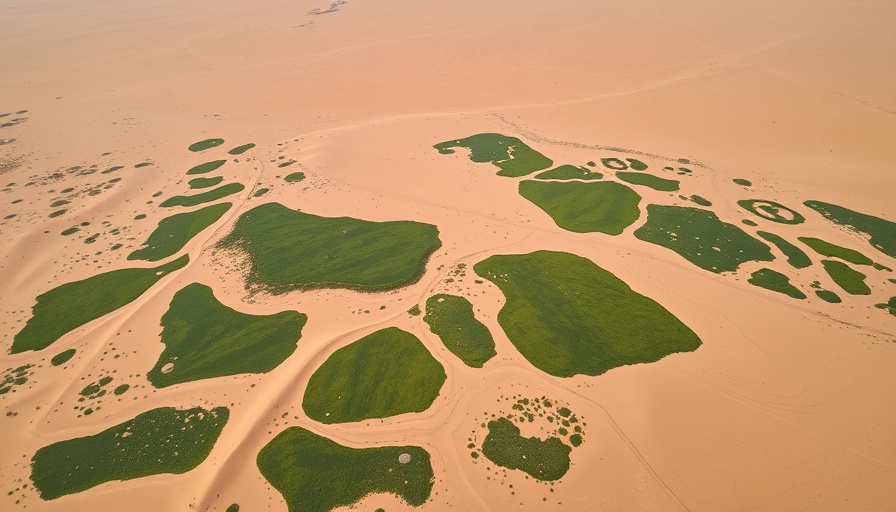 Aerial view of Ghout of Souf Algeria landscape with green patches.