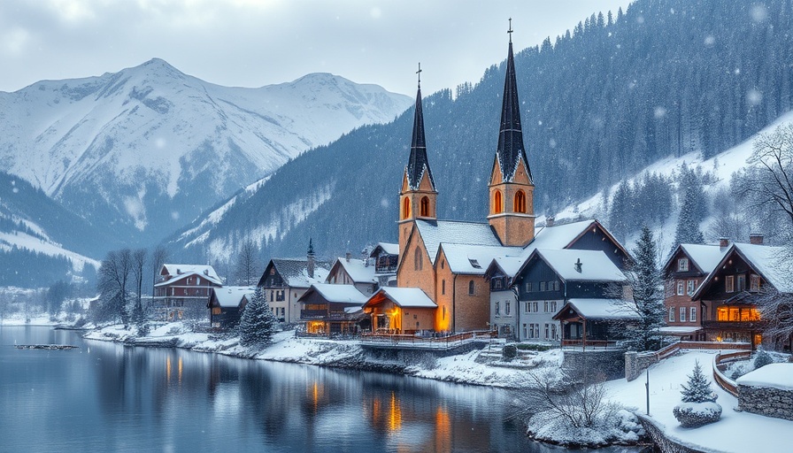 Scenic view of Hallstatt village with snow-covered church and lake.