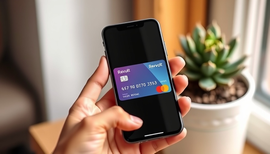 Smartphone showing Revolut Visa card, highlighting mobile banking.