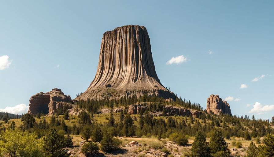 Devil's Tower National Monument surrounded by lush landscape.