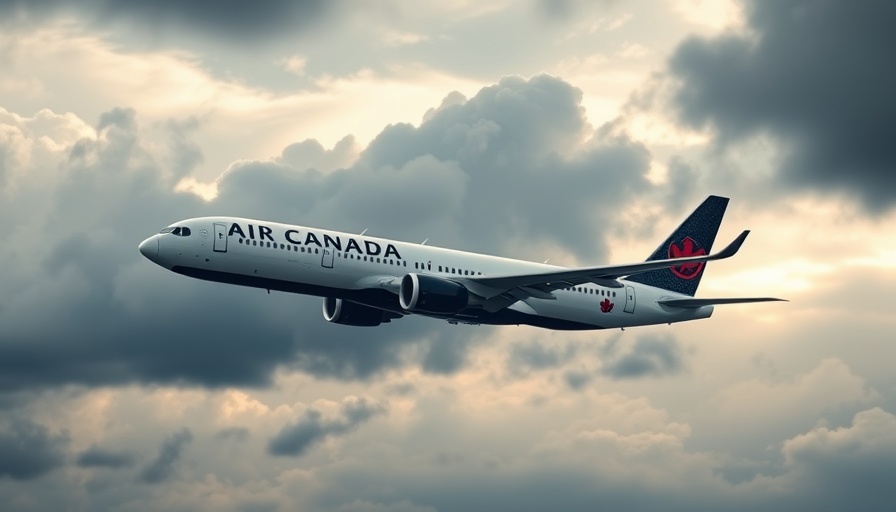 Air Canada airplane flying with dramatic clouds in the background.
