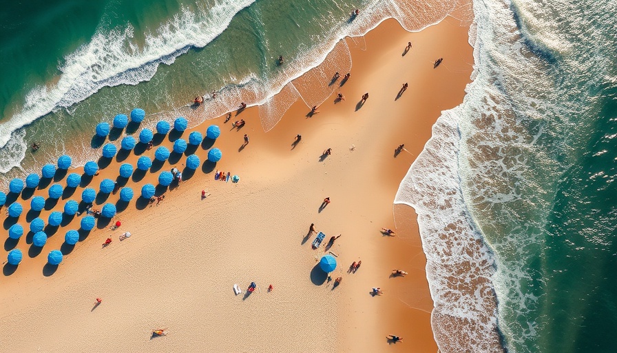 Aerial view of busy Delaware beach with umbrellas and swimmers.