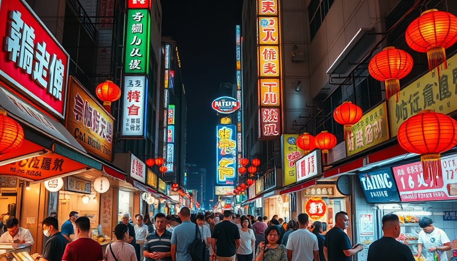 Bustling Taipei night market with colorful lights and crowds.