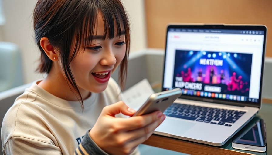 Concert ready K-pop fan using smartphone for tickets online.