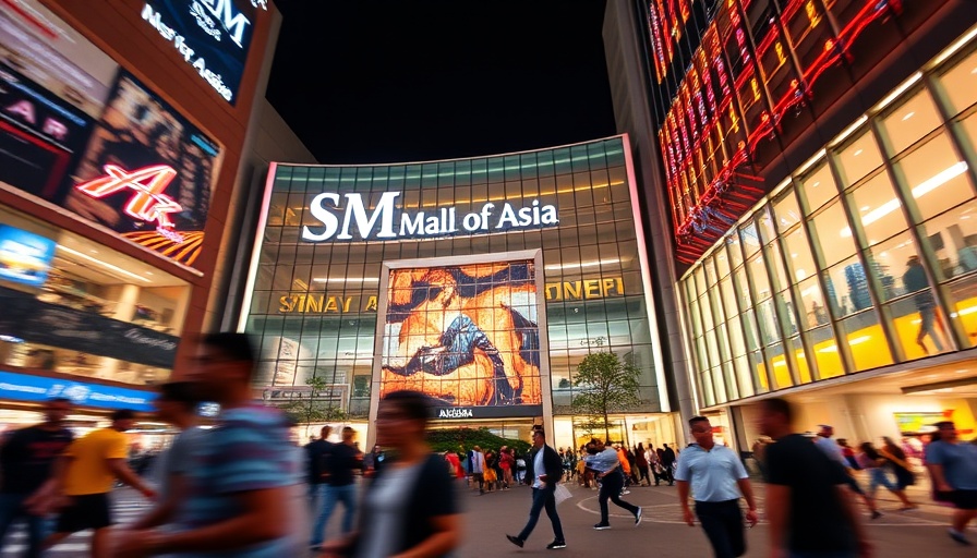 Night view of SM Mall of Asia with foot traffic and bright signage.