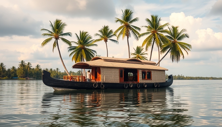 Traditional Kerala houseboat on calm backwaters, lush palm surroundings.