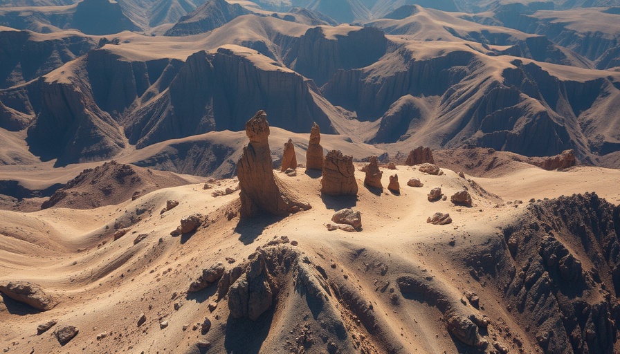 Aerial view of rugged mountainous terrain with rocky formations, Cinematic.