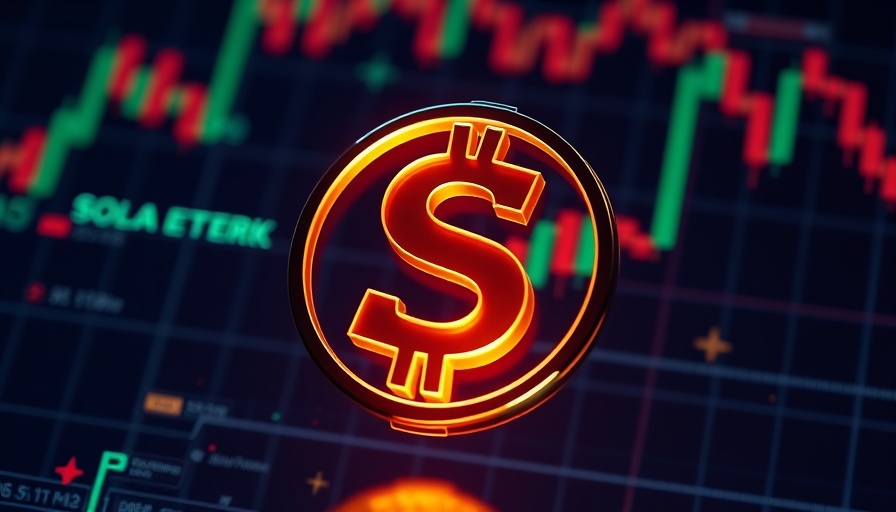 Futuristic Solana ETF symbol with digital chart backdrop.