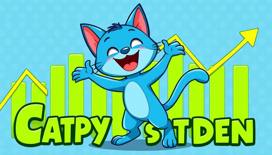 Cheerful cartoon cat with ROI text against a green candlestick chart.