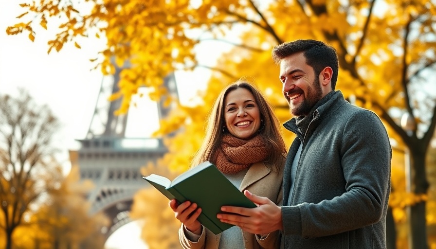 Couple reading near Eiffel Tower, Paris autumn day.