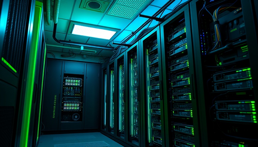 Remote Bitcoin and Dogecoin mining technology with servers and lights.