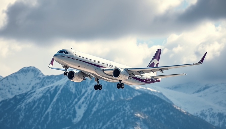 Airplane landing with mountain backdrop promoting buy Aeroplan points with a discount.