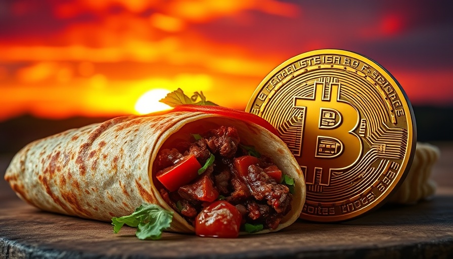 Colorful shawarma next to Bitcoin coin at sunset.