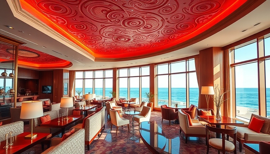 Elegant hotel lounge at NUSTAR with artistic decor and ocean view.