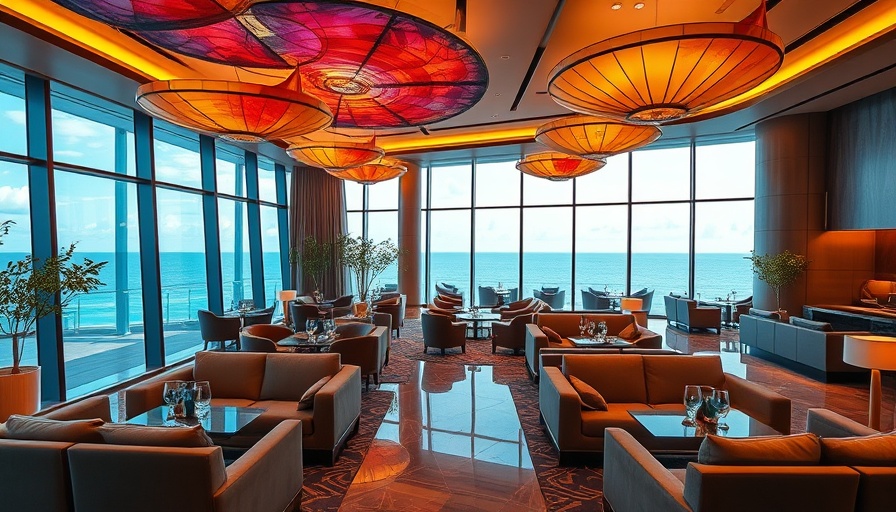 Luxurious hotel lounge at Nustar Hotel with ocean view and artistic decor.